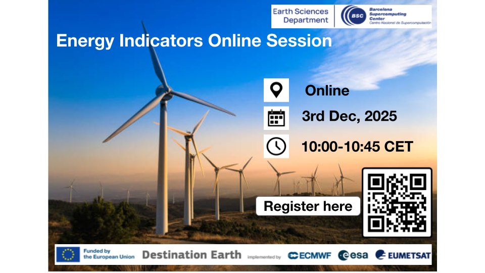 Image of a series of wind turbines against a mountainous backdrop. Caption and titles read "Energy Indicators Online Session, 3rd December 2025, from 10 am to 10:45"
